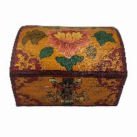 Tibetan Ritual Wooden Box With Flower Design, [painted], Golden Brown