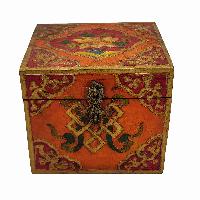 Tibetan Ritual Wooden Box With Endless Knot, [painted], Orange