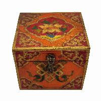 Tibetan Ritual Wooden Box With Endless Knot, [painted], Orange