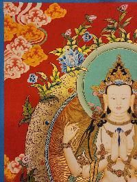 Chenrezig - Avalokitesvara, [master Quality], Buddhist Handmade Thangka Painting, [real Gold], Three Great Bodhisattvas