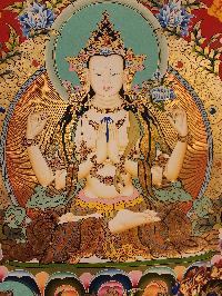 Chenrezig - Avalokitesvara, [master Quality], Buddhist Handmade Thangka Painting, [real Gold], Three Great Bodhisattvas