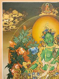 Green Tara, Buddhist Handmade Thangka Painting, [real Gold], Three Goddess Of Divine Grace