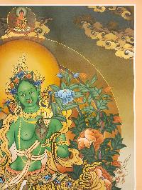 Green Tara, Buddhist Handmade Thangka Painting, [real Gold], Three Goddess Of Divine Grace