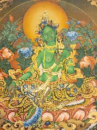 Green Tara, Buddhist Handmade Thangka Painting, [real Gold], Three Goddess Of Divine Grace