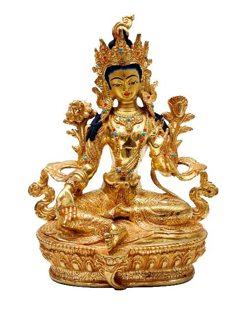 [green Tara], Buddhist Handmade Statue, [full Gold Plated], With [face Painted]