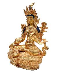 [green Tara], Buddhist Handmade Statue, [full Gold Plated], With [face Painted]