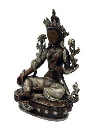 Green Tara, Buddhist Miniature Statue, [silver And Chocolate Oxidized]