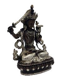 Manjushri, Buddhist Miniature Statue, [silver And Chocolate Oxidized]