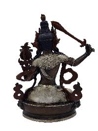 Manjushri, Buddhist Miniature Statue, [silver And Chocolate Oxidized]