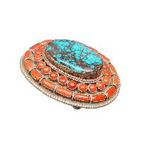 [belt Buckle] Of Silver With [turquoise And Coral]