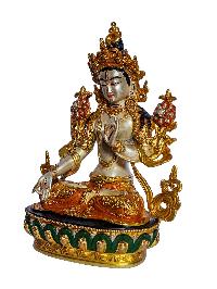 [white Tara], Buddhist Handmade Statue, [partly Gold And Silver Plated], [original Mold], [traditonal Color Finishing]