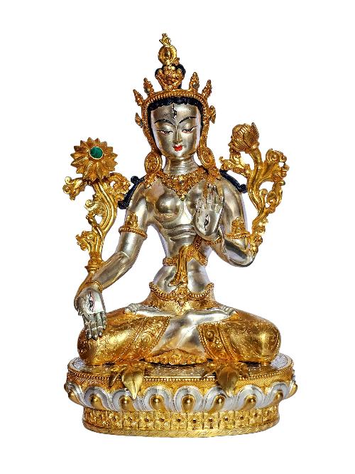 [white Tara], Buddhist Handmade Statue, [partly Gold And Silver Plated], [original Mold]