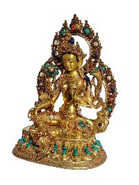 [green Tara], Buddhist Handmade Statue, [full Gold Plated], [stone Setting] With [face Painted], [original Mold]