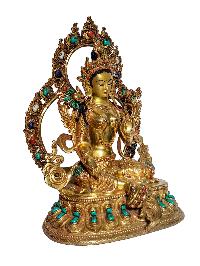 [green Tara], Buddhist Handmade Statue, [full Gold Plated], [stone Setting] With [face Painted], [original Mold]