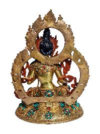 [green Tara], Buddhist Handmade Statue, [full Gold Plated], [stone Setting] With [face Painted], [original Mold]