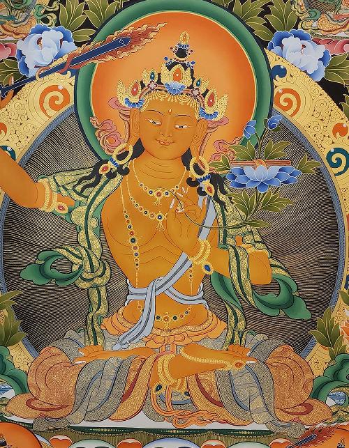 Manjushree Thangka, Tibetan Buddhist Art, Hand Painted, [real Gold], [three Great Bodhisattvas]