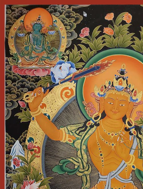 Manjushree Thangka, Tibetan Buddhist Art, Hand Painted, [real Gold], [three Great Bodhisattvas]