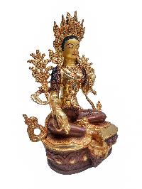 [green Tara], Buddhist Handmade Statue, [partly Gold Plated] With [face Painted]