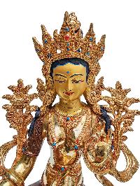 [green Tara], Buddhist Handmade Statue, [partly Gold Plated] With [face Painted]