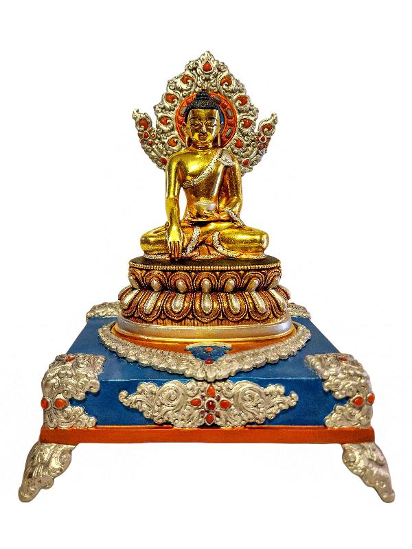 [shakyamuni Buddha], Buddhist Handmade Statue In Throne, [silver Plated], [stone Setting] And [gold Painted], [master Quality]