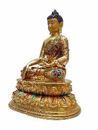 [shakyamuni Buddha], Buddhist Handmade Statue With Double Base, [gold Plated], [face Painted] And [stone Setting]