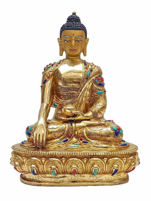 [shakyamuni Buddha], Buddhist Handmade Statue, [gold Plated], [face Painted] And [stone Setting]