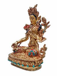 [white Tara], Buddhist Handmade Statue, [gold Plated], [face Painted] And [stone Setting]