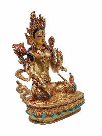 [white Tara], Buddhist Handmade Statue, [gold Plated], [face Painted] And [stone Setting]