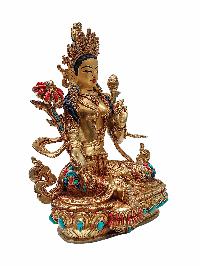 [green Tara], Buddhist Handmade Statue, [gold Plated], [face Painted] And [stone Setting]