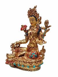 [green Tara], Buddhist Handmade Statue, [gold Plated], [face Painted] And [stone Setting]