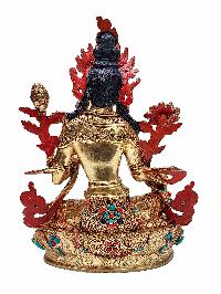 [green Tara], Buddhist Handmade Statue, [gold Plated], [face Painted] And [stone Setting]