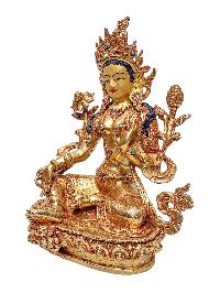 [green Tara], Buddhist Handmade Statue, [gold Plated] And [face Painted]