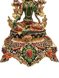 [green Tara], Buddhist Handmade Statue With Stand, [partly Gold Plated], [traditional Color Finishing] And Stone Setting