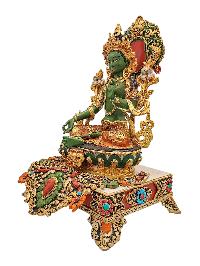 [green Tara], Buddhist Handmade Statue With Stand, [partly Gold Plated], [traditional Color Finishing] And Stone Setting