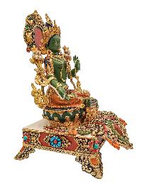 [green Tara], Buddhist Handmade Statue With Stand, [partly Gold Plated], [traditional Color Finishing] And Stone Setting