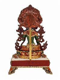 [green Tara], Buddhist Handmade Statue With Stand, [partly Gold Plated], [traditional Color Finishing] And Stone Setting