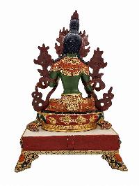 [green Tara], Buddhist Handmade Statue With Stand, [partly Gold Plated], [traditional Color Finishing] And Stone Setting