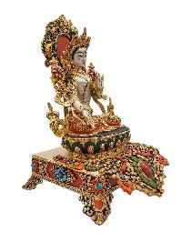 [white Tara], Buddhist Handmade Statue With Stand, [partly Gold Plated], [traditional Color Finishing] And Stone Setting