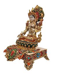 [white Tara], Buddhist Handmade Statue With Stand, [partly Gold Plated], [traditional Color Finishing] And Stone Setting