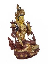 [green Tara], Buddhist Handmade Statue, [partly Gold Plated] And [face Painted]