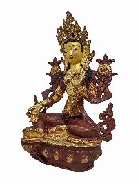 [green Tara], Buddhist Handmade Statue, [partly Gold Plated] And [face Painted]