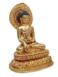 [shakyamuni Buddha], Buddhist Handmade Statue, [gold Plated], [face Painted], [stone Setting] And [double Base]