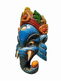 [ganesh Mask], Handmade Wooden Mask, Wall Hanging, [painted Blue], Poplar Wood