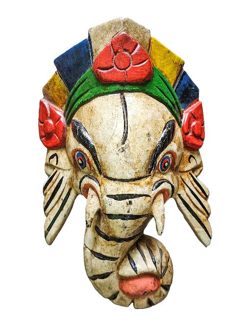 [ganesh Mask], Handmade Wooden Mask, Wall Hanging, [painted White], Poplar Wood