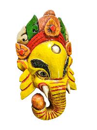 [ganesh Mask], Handmade Wooden Mask, Wall Hanging, [painted Yellow], Poplar Wood