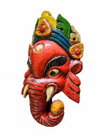 [ganesh Mask], Handmade Wooden Mask, Wall Hanging, [painted Red], Poplar Wood