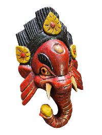 [ganesh Mask], Handmade Wooden Mask, Wall Hanging, [painted Red], Poplar Wood
