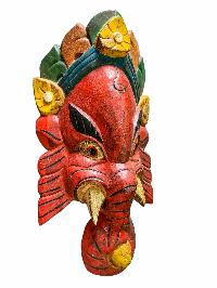 [ganesh Mask], Handmade Wooden Mask, Wall Hanging, [painted Red], Poplar Wood