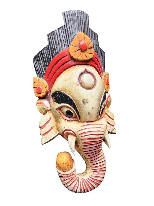 [ganesh Mask], Handmade Wooden Mask, Wall Hanging, [painted White], Poplar Wood