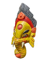 [ganesh Mask], Handmade Wooden Mask, Wall Hanging, [painted Yellow], Poplar Wood